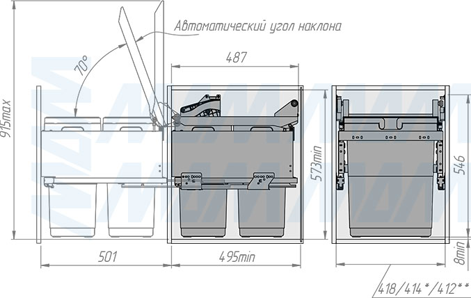 Установка системы GLOBE 2.0 M45A с автоматической крышкой для фасадов шириной 450 мм с 2 ведрами для сортировки и хранения (артикул PG2GME452AGM), схема 2