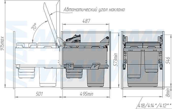 Установка системы GLOBE 2.0 M45A с автоматической крышкой для фасадов шириной 450 мм с 3 ведрами для сортировки и хранения (артикул PG2GME453AGM), схема 2