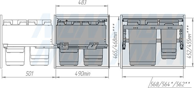 Установка системы GLOBE 2.0 M60W для фасадов шириной 600 мм с 4 ведрами с крышкой-полкой для сортировки и хранения (артикул PG2GME604SCGMRF), схема 2