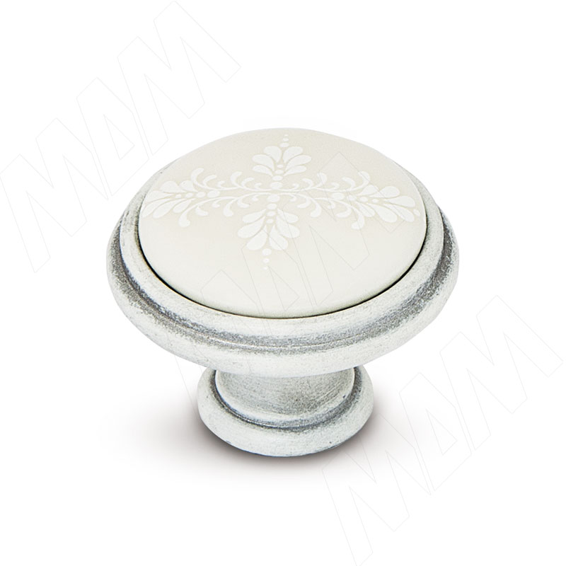 Ручка-кнопка D35мм белый/серебро винтаж, керамика белые узоры (WPO.781.000.00V4) Giusti (Италия) Ручка-кнопка D35мм белый/серебро винтаж, керамика белые узоры - фото 1