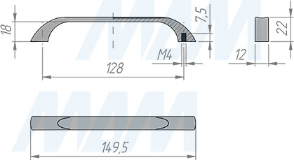 Размеры ручки-скобы с межцентровым расстоянием 128 мм (артикул BH.RU06.128)