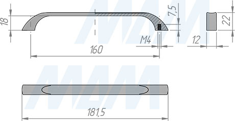 Размеры ручки-скобы с межцентровым расстоянием 160 мм (артикул BH.RU06.160)