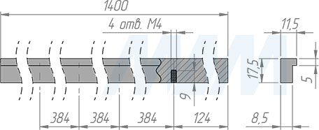 Размеры профиль-ручки длиной 1400 мм с межцентровым расстоянием 384 мм (артикул PH.RU10.1400)