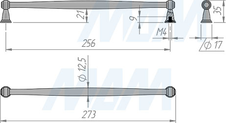 Размеры ручки-рейлинга с межцентровым расстоянием 256 мм (артикул RH.04.256)