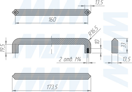 Размеры ручки-скобы с межцентровым расстоянием 160 мм (артикул WMN.772.160