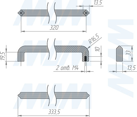 Размеры ручки-скобы с межцентровым расстоянием 320 мм (артикул WMN.772.320