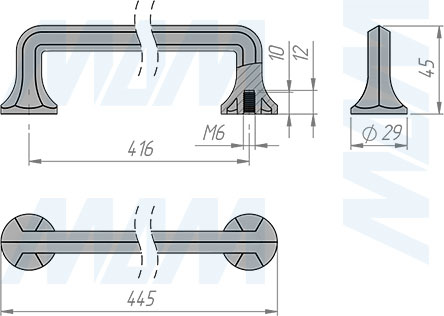 Размеры ручки-скобы с межцентровым расстоянием 416 мм (артикул WMN.826.416)