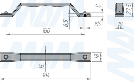 Размеры ручки-скобы с межцентровым расстоянием 160 мм (артикул WMN.867.160)
