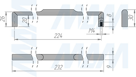 Размеры ручки-скобы с межцентровым расстоянием 224 мм (артикул WMN.882.224)