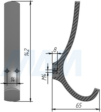 Размеры двухрожкового крючка VERSA (артикул WP30)