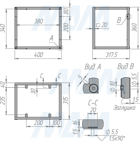 Размеры металлокаркаса полки 315x360x400 мм (артикул MF.05.315x360x400)