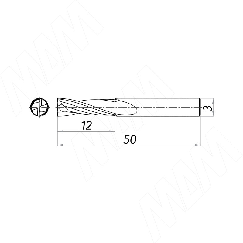 Фреза спиральная твердосплавная D3xL12, s3xGL50, Z2, Up/Rh, чистовая (KF-112-03-12-3) Erste (Россия) - фото 2