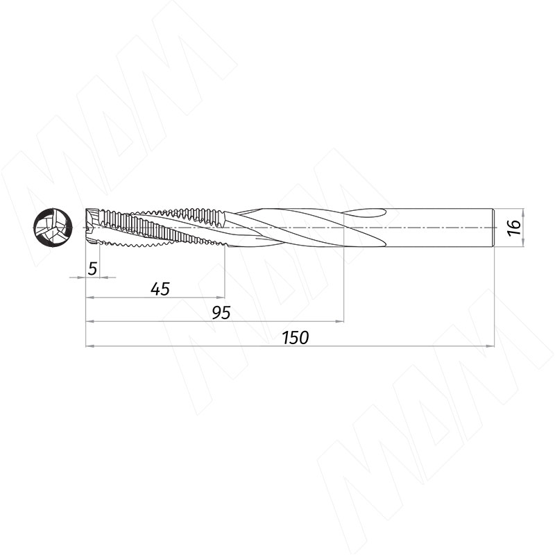 Фреза спиральная твердосплавная D16xL5/45/95, S16xGL150, Z3, Up/Rh, черновая (замковая) (KF-123-16-95-16) Erste (Россия) - фото 2