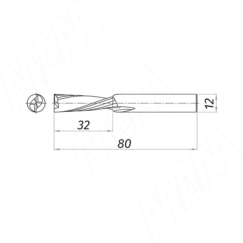 Фреза спиральная твердосплавная D12xL32, S12xGL80, Z2, Down/Rh, чистовая (KF-212-12-32-12) Erste (Россия) - фото 2
