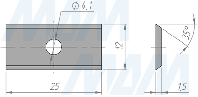 Размеры сменной твердосплавной пластины 25 х12х1,5 35 град, T04F (артикул 012025)