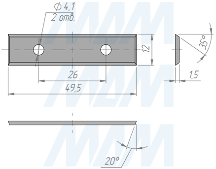 Размеры сменной твердосплавной пластины 49,5x12x1,5 Т04F (артикул 013520)