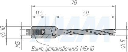 Размеры глухого сверла D=5мм, L=70мм, S=10x20, RH (артикул 02105007021)