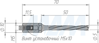 Размеры глухого сверла D=5мм, L=70мм, S=10x20, LH (артикул 02105007022)