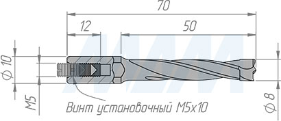 Размеры глухого сверла D=8мм, L=70мм, S=10x20, RH (артикул 02108007021)