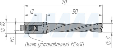 Размеры глухого сверла D=8мм, L=70мм, S=10x20, LH (артикул 02108007022)