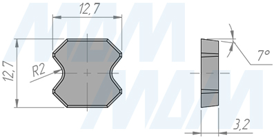 Размеры сменной твердосплавной пластины 12,7х12,7х3,2, R2 (артикул 035041)