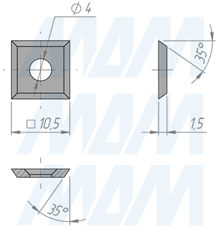 Размеры сменной твердосплавной пластины 10.5х10.5х1.5 TL15 (артикул 040343)
