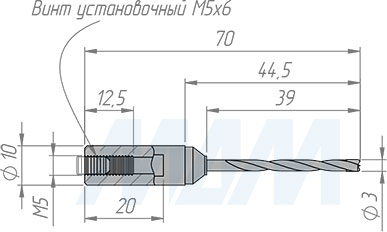 Размеры цельнотвердосплавного глухого сверла, D=3мм, L=70мм, RH (артикул 1010370)