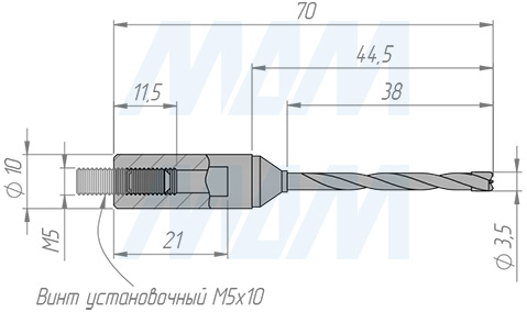 Размеры цельнотвердосплавного глухого сверла, D=3,5мм, L=70мм, RH серии Monolit (артикул 1010470)