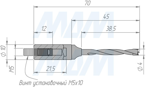 Размеры цельнотвердосплавного глухого сверла, D=4мм, L=70мм, RH, серии Monolit (артикул 1010570)