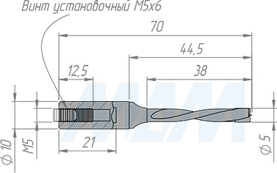 Размеры цельнотвердосплавного глухого сверла, D=5мм, L=70мм, LH (артикул 1020770)