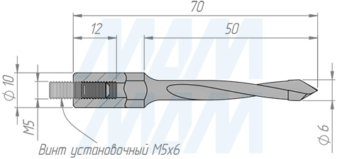 Размеры сквозного сверла,  D=6мм, L=70мм, RH серии Standard (артикул 11010270)