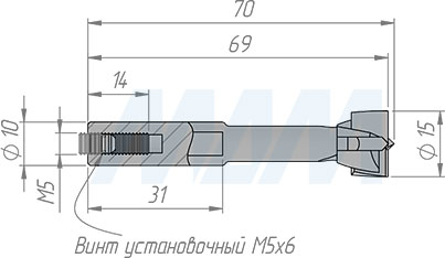 Размеры чашечного сверла, D=15мм, L=70мм, RH (артикул 12010270)