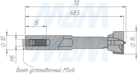 Размеры чашечного сверла, D=16мм, L=70мм, RH серии Standard (артикул 12010370)