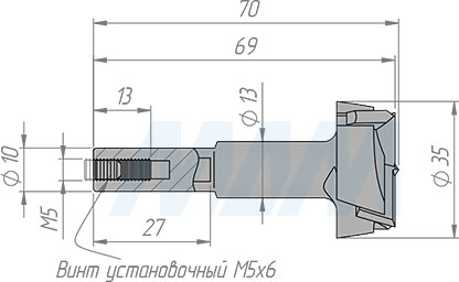 Размеры чашечного сверла, D=35мм, L=70мм, RH (артикул 12011970)