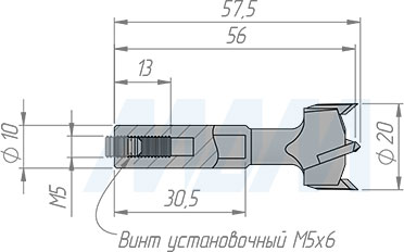 Размеры чашечного сверла, D=20мм, L=57мм, LH (артикул 12020757)