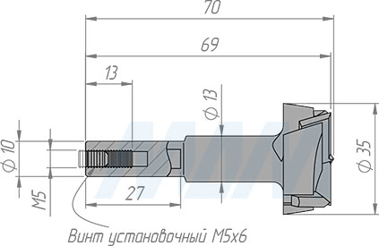 Размеры чашечного сверла, D=35мм, L=70мм, LH (артикул 12021970)