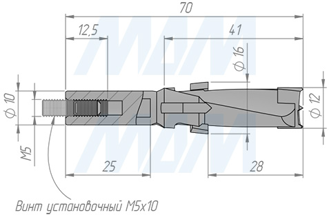 Размеры ступенчатого сверла, D1=12 mm, L1=30mm, D2=16 mm, L2=18mm, L=70mm, D=10 RH (артикул 123016187010R)