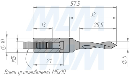 Размеры цельнотвердосплавного глухого сверла,  D=5мм, L=57мм, RH серии Monolit (артикул 4010557)