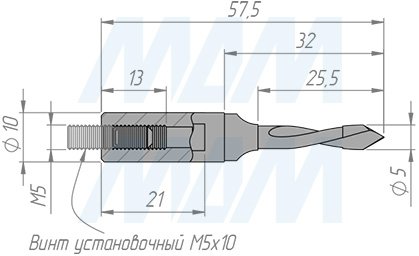 Размеры цельнотвердосплавного глухого сверла, D=5мм, L=57мм, LH серии Monolit (артикул 4020557)