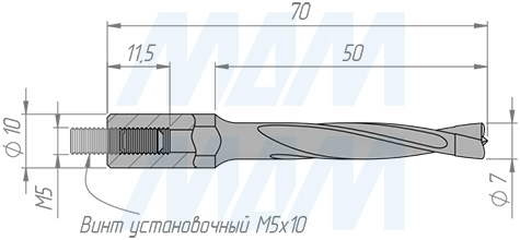 Размеры глухого сверла, D=7мм, L=70мм, RH, серии Professional (артикул 5010370)