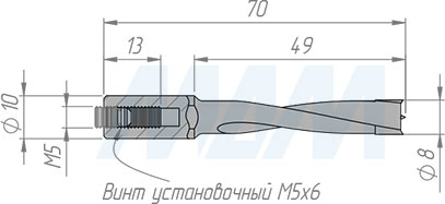 Размеры глухого сверла, D=8мм, L=70мм, RH (артикул 5010470)