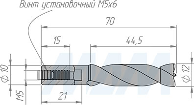 Размеры глухого сверла, D=12мм, L=70мм, RH (артикул 5011070)