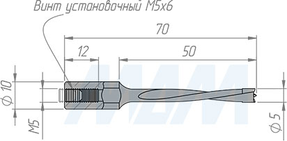 Размеры глухого сверла, D=5мм, L=70мм, LH (артикул 9020670)