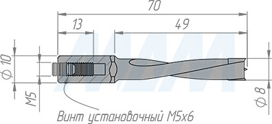 Размеры глухого сверла, D=8мм, L=70мм, LH (артикул 5020470)