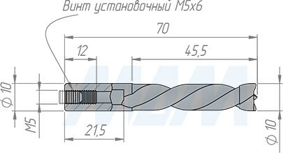 Размеры глухого сверла, D=10мм, L=70мм, LH (артикул 5020870)