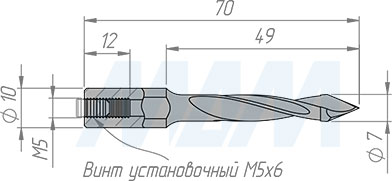 Размеры сквозного сверла, D=7мм, L=70мм, RH (артикул 8010370)