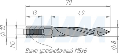 Размеры сквозного сверла, D=8мм, L=70мм, RH (артикул 8010470)