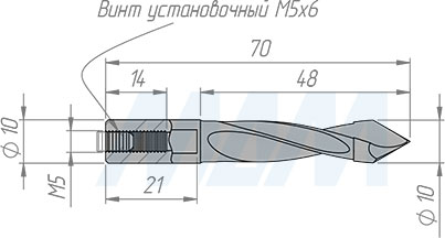 Размеры сквозного сверла, D=10мм, L=70мм, RH (артикул 8010770)