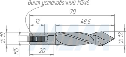 Размеры сквозного сверла, D=12мм, L=70мм, RH (артикул 8010870)