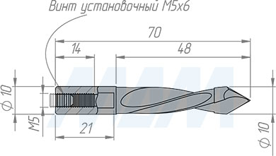 Размеры сквозного сверла, D=10мм, L=70мм, LH (артикул 8020770)